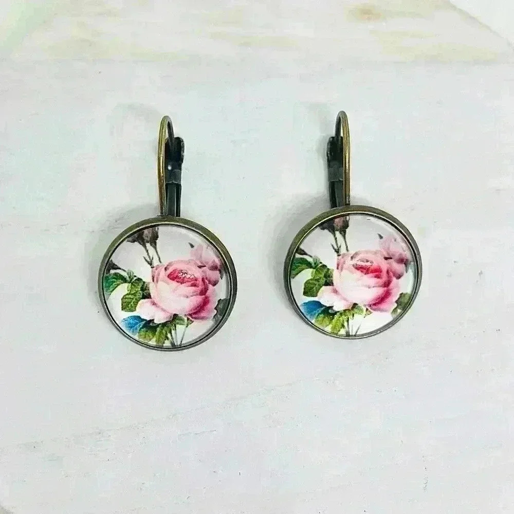 Vintage Feel Pink Roses Print Earrings